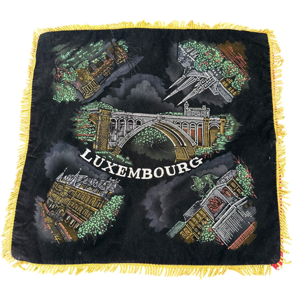 Vintage Luxembourg Souvenir Pillow Cover Black Gold‎ Fringe